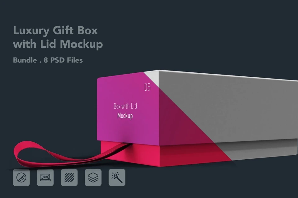 Gift Box with Lid Mockup Bundle – 8 PSD Files, Packaging Box Branding Mockup