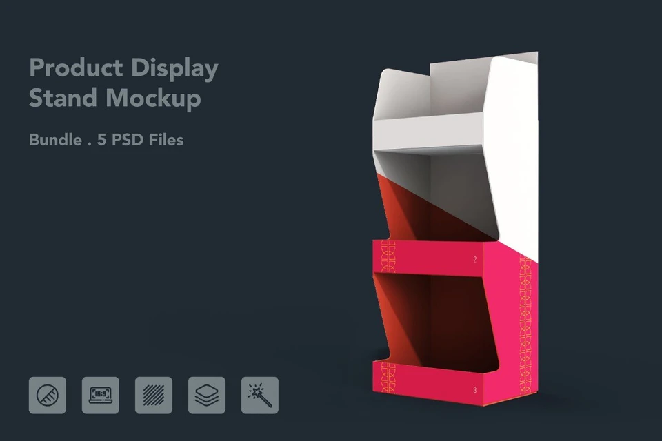Product Display Stand Mockup – 5 PSD Files, Retail Shelf Packaging Mockup