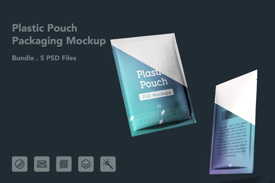 Plastic Pouch Packaging Mockup – 5 PSD Files, Flexible Pack Branding Mockup