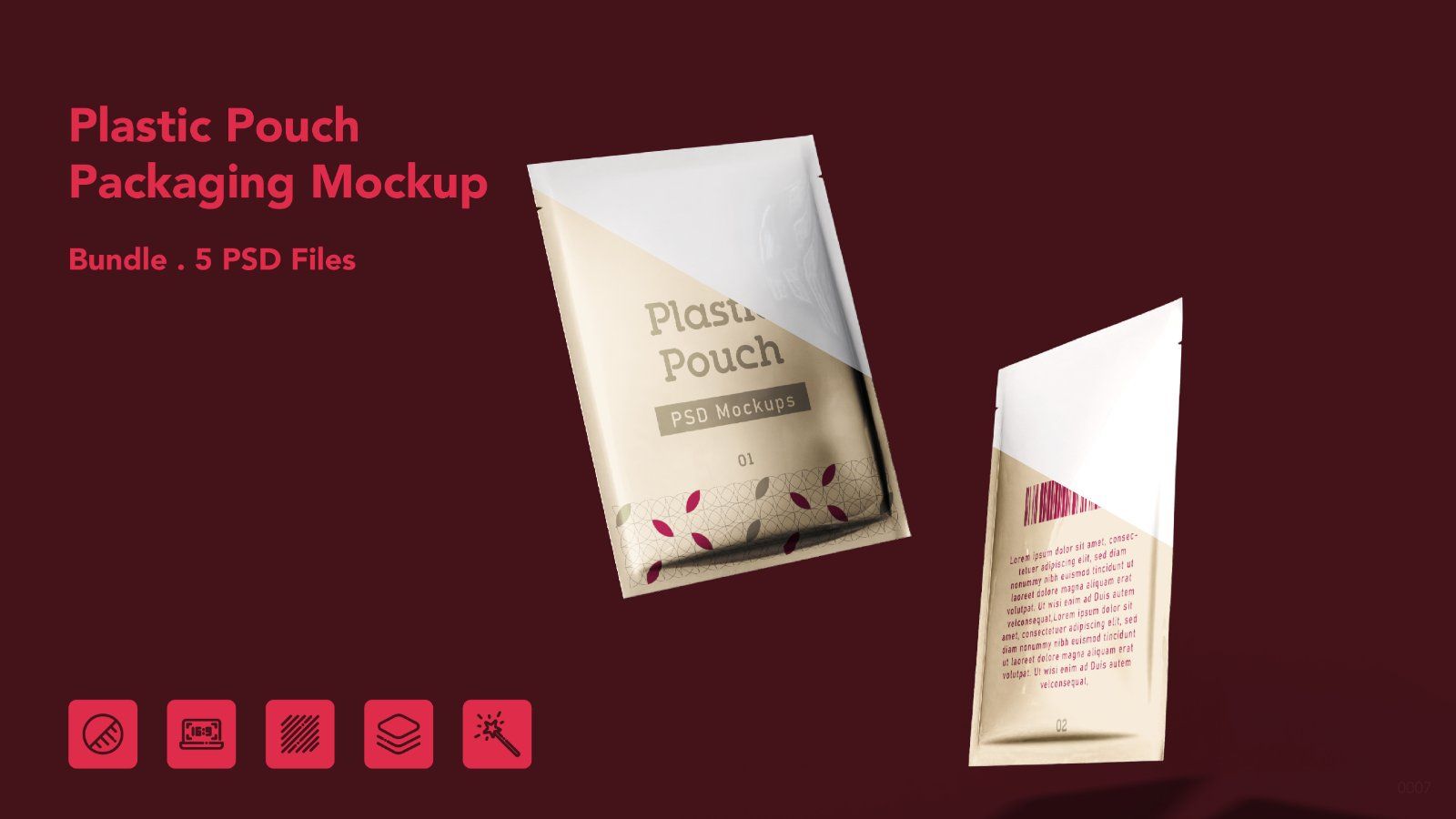 Plastic Pouch Packaging Mockup – 5 PSD Files, Flexible Pack Branding Mockup