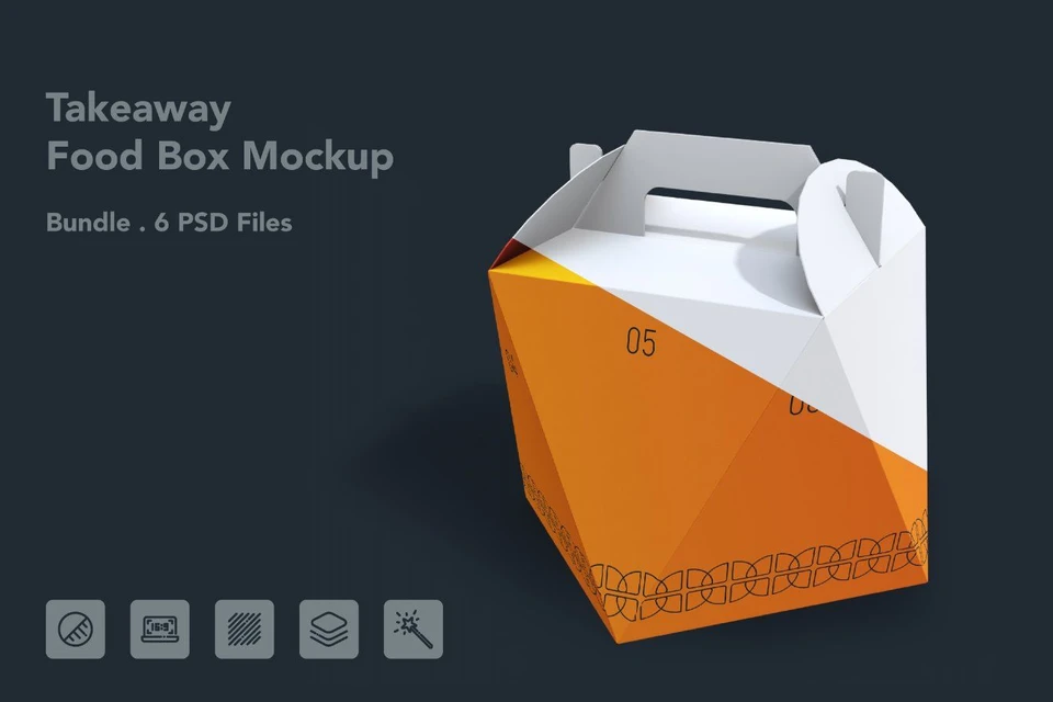 Takeaway Food Box Mockup – 6 PSD Files, Food Packaging & Carry Box Mockup