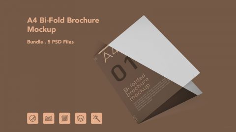 A4 Bi-Fold Brochure Mockup – 5 PSD Files, Folded Flyer & Print Branding Mockup