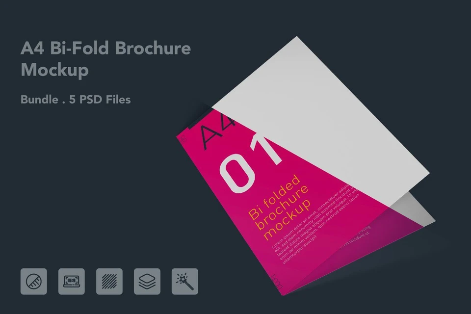 A4 Bi-Fold Brochure Mockup – 5 PSD Files, Folded Flyer & Print Branding Mockup