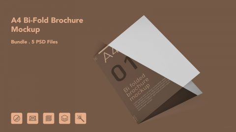A4 Bi-Fold Brochure Mockup – 5 PSD Files, Folded Flyer & Print Branding Mockup