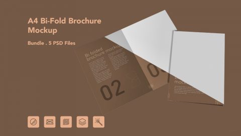 A4 Bi-Fold Brochure Mockup – 5 PSD Bundle Files, Folded Flyer & Print Branding Mockup