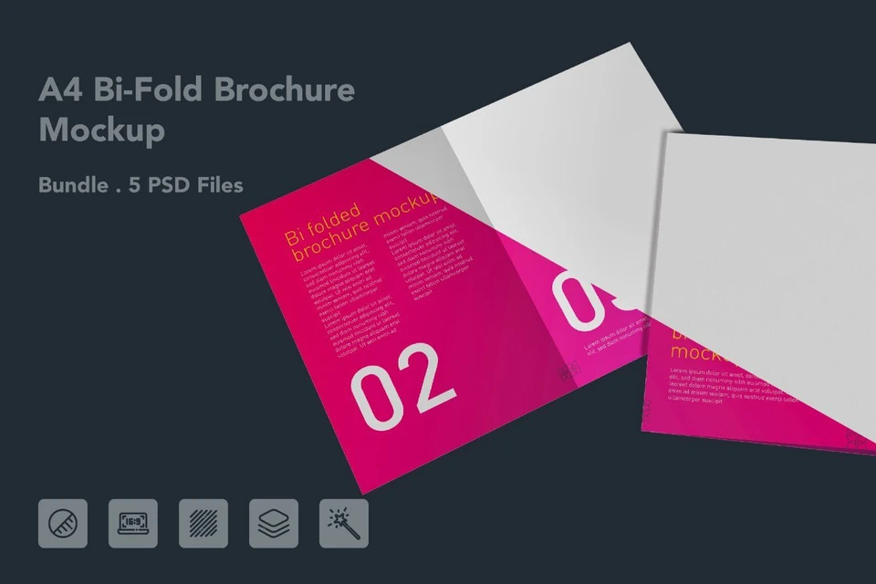 A4 Bi-Fold Brochure Mockup – 5 PSD Bundle Files, Folded Flyer & Print Branding Mockup