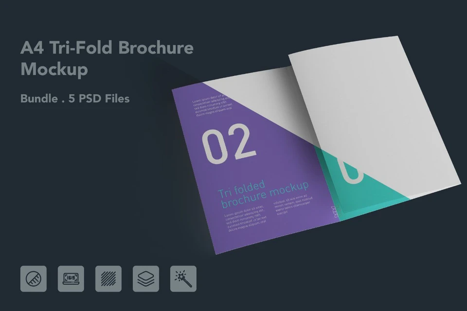 A4 Tri Fold Brochure Mockup – 5 PSD Files, 3 Folded Flyer & Print Branding Mockup