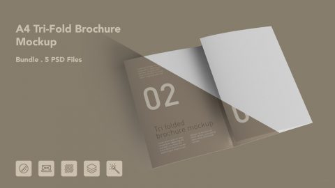 A4 Tri Fold Brochure Mockup – 5 PSD Files, 3 Folded Flyer & Print Branding Mockup