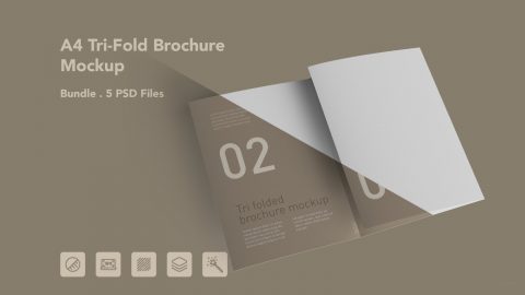 A4 Tri Fold Brochure Mockup – 5 PSD Files, 3 Folded Flyer & Print Branding Mockup