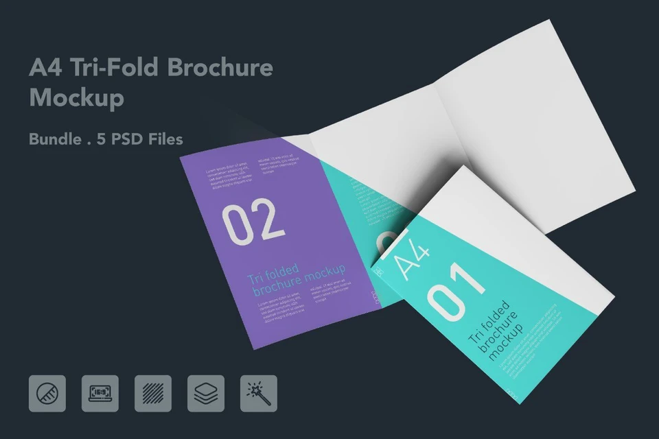 A4 Tri Fold Brochure PSD Mockup – 5 PSD Files, 3 Folded Flyer & Print Branding Mockup