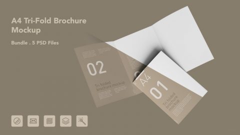 A4 Tri Fold Brochure Mockup – 5 PSD Files, 3 Folded Flyer & Print Branding Mockup