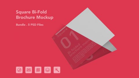 Square Bi-Fold Brochure Mockup – 5 PSD Files, Folded Flyer & Print Branding Mockup
