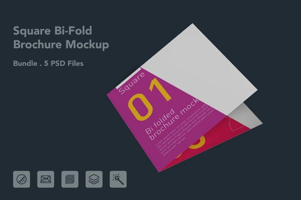 Square Bi-Fold Brochure Mockup – 5 PSD Files, Folded Flyer & Print Branding Mockup