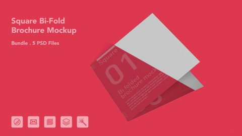 Square Bi-Fold Brochure Mockup – 5 PSD Files, Folded Flyer & Print Branding Mockup