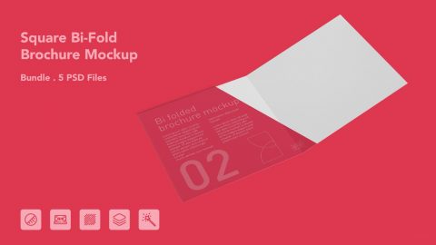 Square Bi-Fold Brochure Mockup – 5 PSD Files, Folded Flyer & Print Branding Mockup