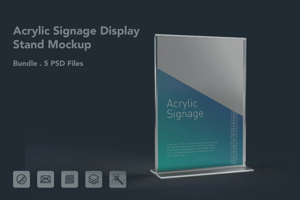 Acrylic Signage Display Stand Mockup – 5 PSD Files, Tabletop Poster & Menu Holder Mockup