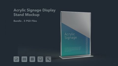 Acrylic Signage Display Stand Mockup – 5 PSD Files, Tabletop Poster & Menu Holder Mockup