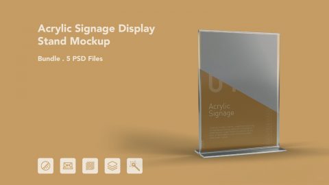Acrylic Signage Display Stand Mockup – 5 PSD Files, Tabletop Poster & Menu Holder Mockup