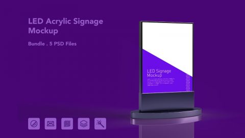 LED Acrylic Signage Mockup – 5 PSD Files, Illuminated Display Stand & Lightbox Branding Mockup