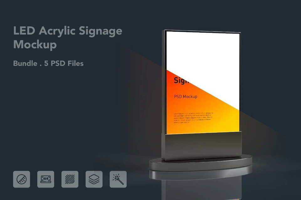 LED Acrylic Signage Mockup – 5 PSD Files, Illuminated Display Stand & Lightbox Branding Mockup