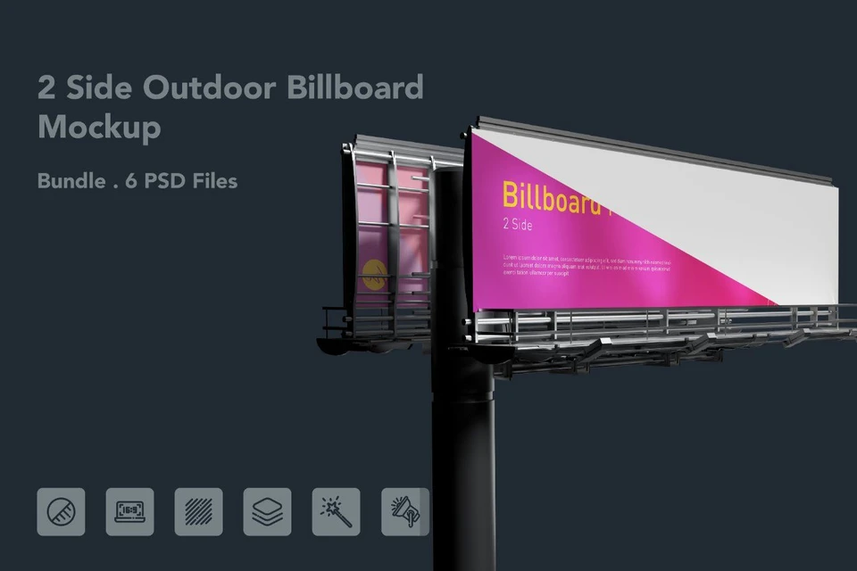2-Sided Outdoor Billboard Mockup – 6 PSD Files, Double-Sided Advertising Display Mockup