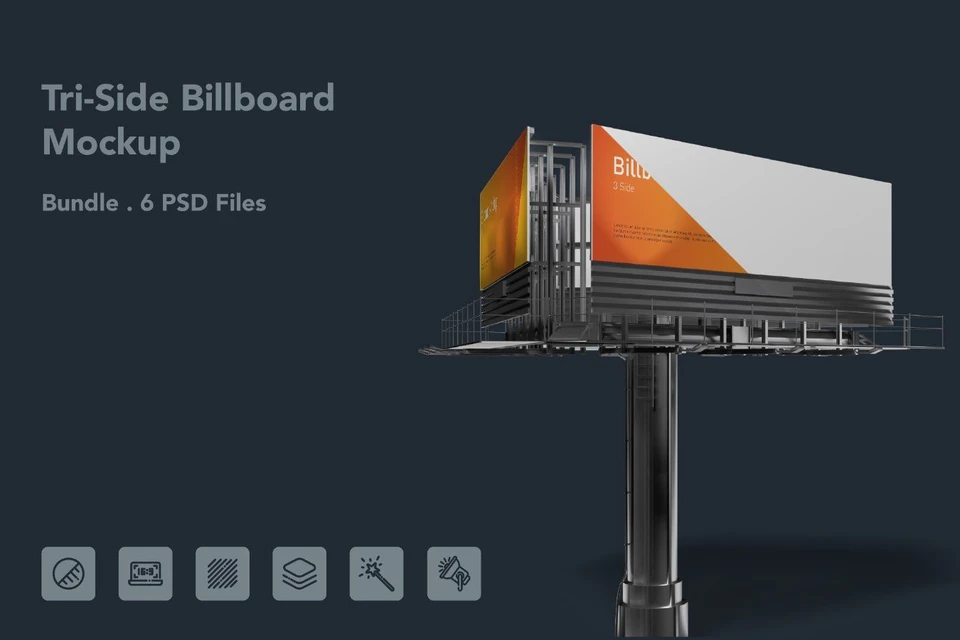 Tri Side Billboard Mockup – 3 Sided Outdoor Advertising Display, 6 PSD Files