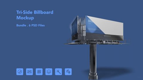 Tri Side Billboard Mockup – 3 Sided Outdoor Advertising Display, 6 PSD Files