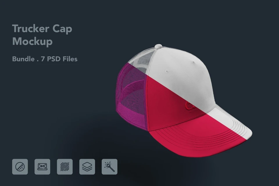 Trucker Cap Mockup – Mesh Snapback Hat, 7 PSD Files
