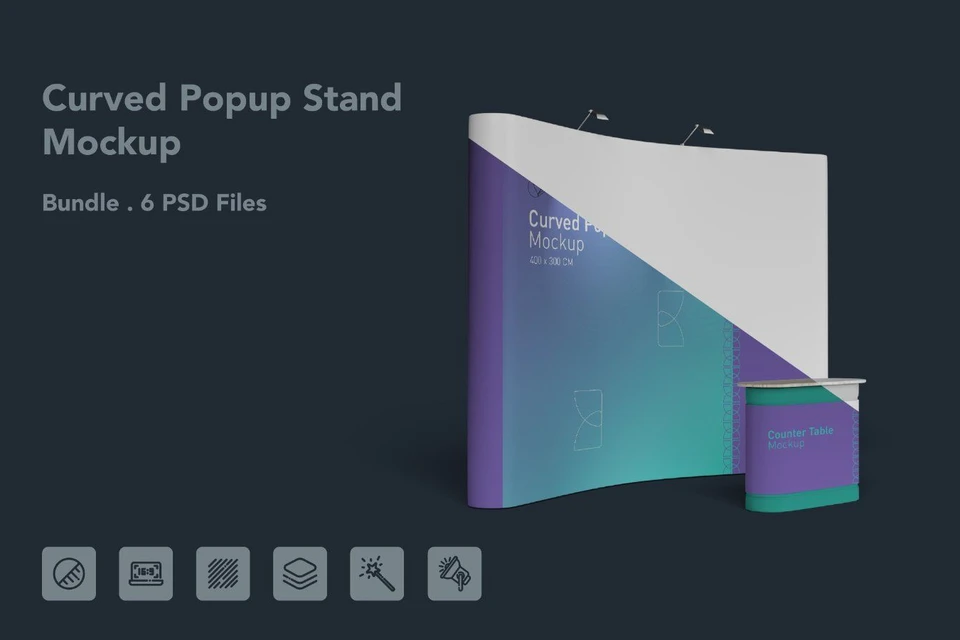 Curved Popup Stand Mockup – Exhibition Display Booth & Counter Set, 6 PSD Files