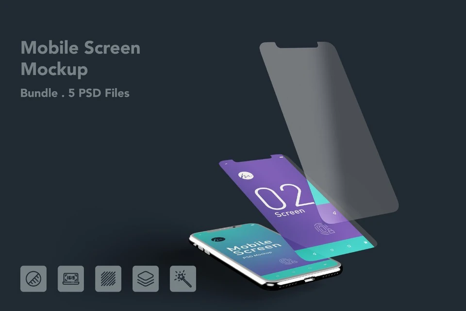 Mobile Display Mockup – Smartphone Screen Mockup Bundle, 5 PSDs