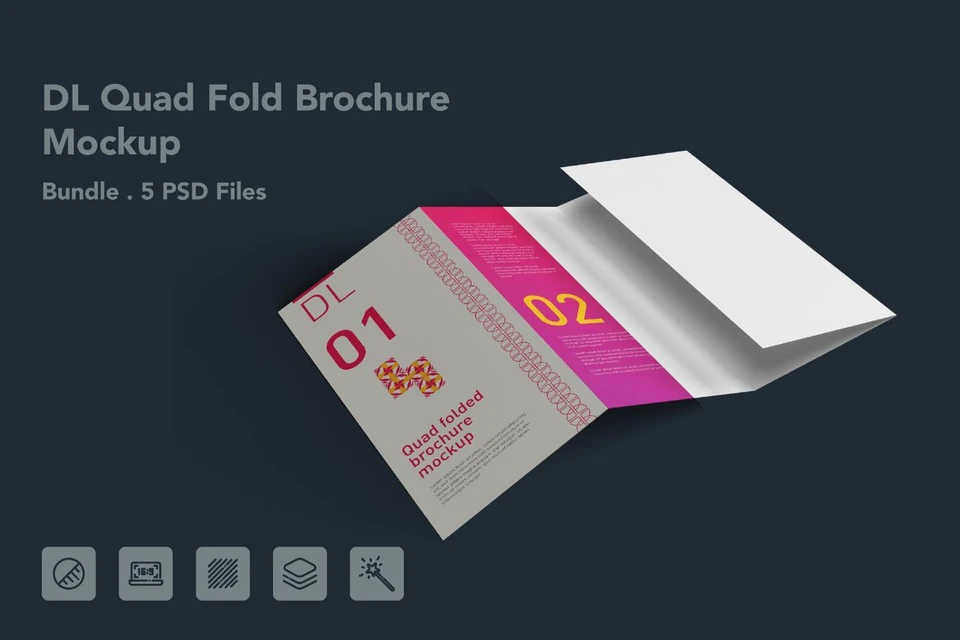 DL Quad Fold Brochure Mockup - 5 PSDs
