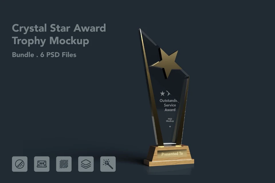 Star Crystal Trophy Mockup with Wooden Base -