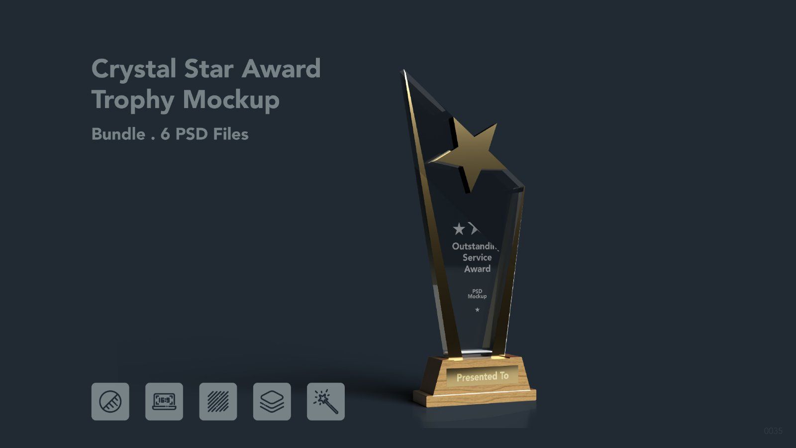 Star Crystal Trophy Mockup with Wooden Base -