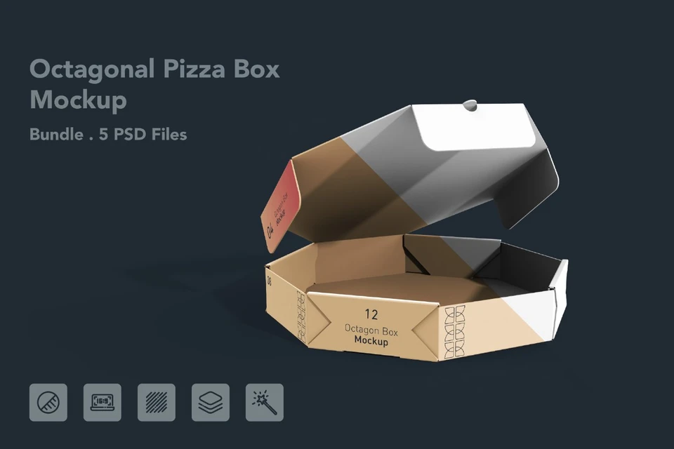 Octagonal Pizza Box Mockup - 5 PSDs