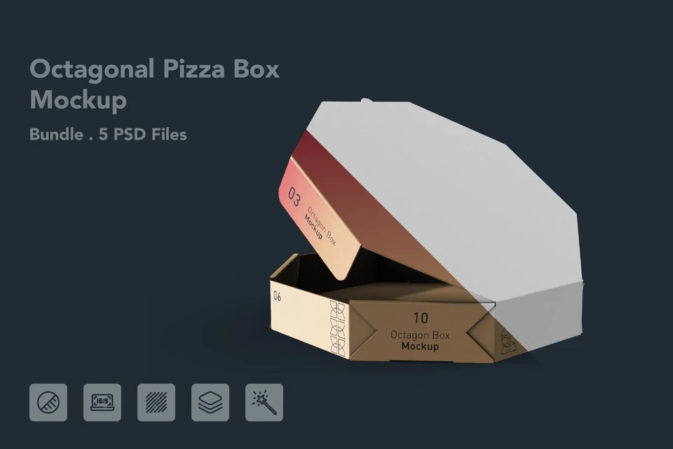 Octagonal Pizza Box Mockup - 5 PSD