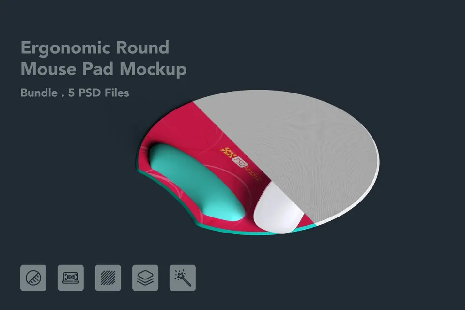 Ergonomic Round Mouse Pad with Wrist Rest Mockup – 5 PSD bundle