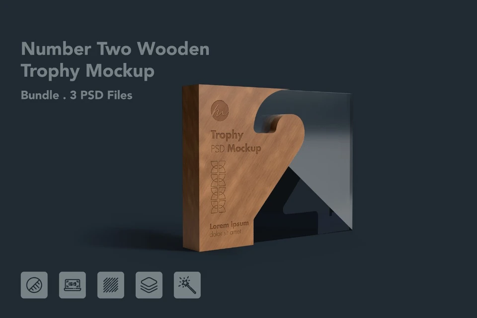 Wooden Number Two Trophy Award Mockup - 3 PSDs