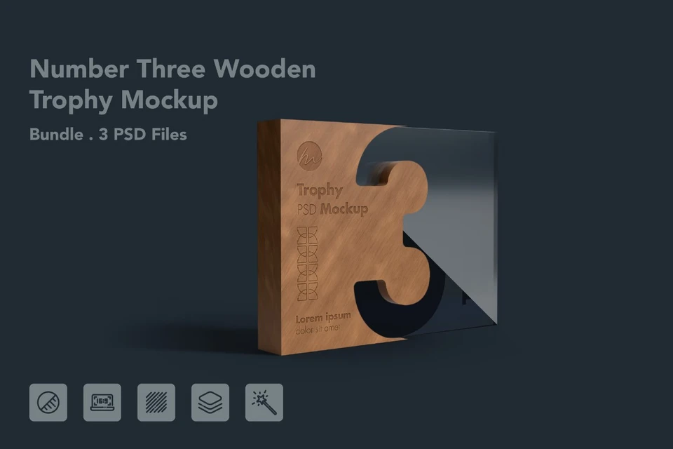 Wooden Number Three Trophy Award Mockup - 3 PSDs