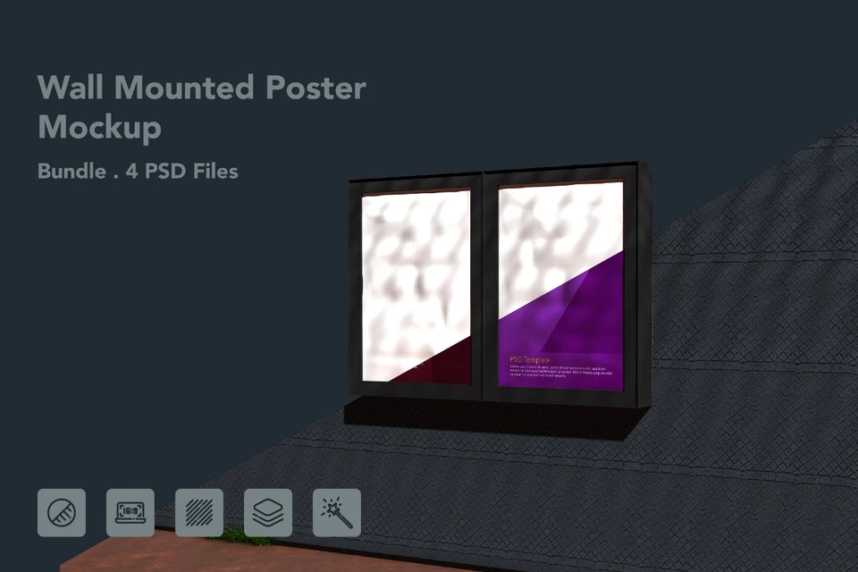 Outdoor Wall Mounted Poster Frame Mockup - 4 PSDs