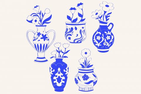 Vintage Flower In Vase Line Art Illustration