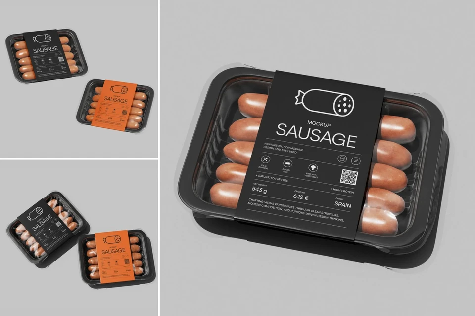 Black and Orange Plastic Sausage Tray Packaging Mockup