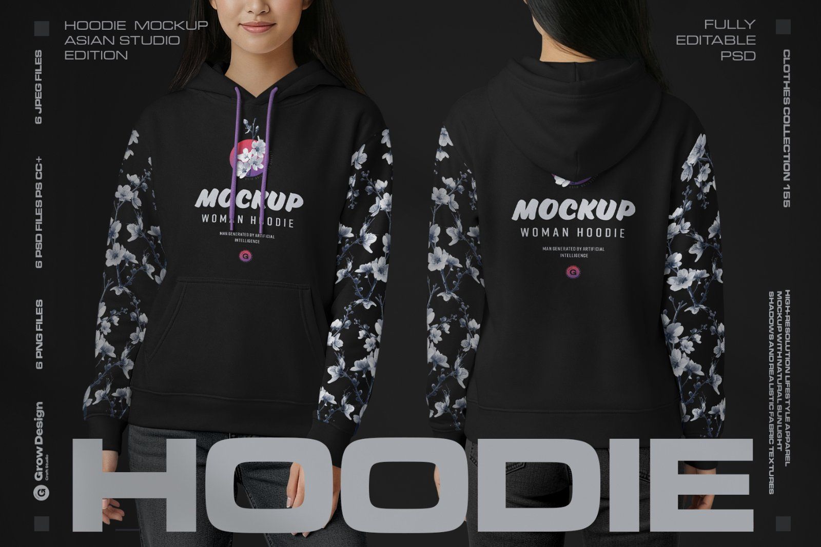 Women Hoodie Mockup Set Asian Model Studio. Generated Ai