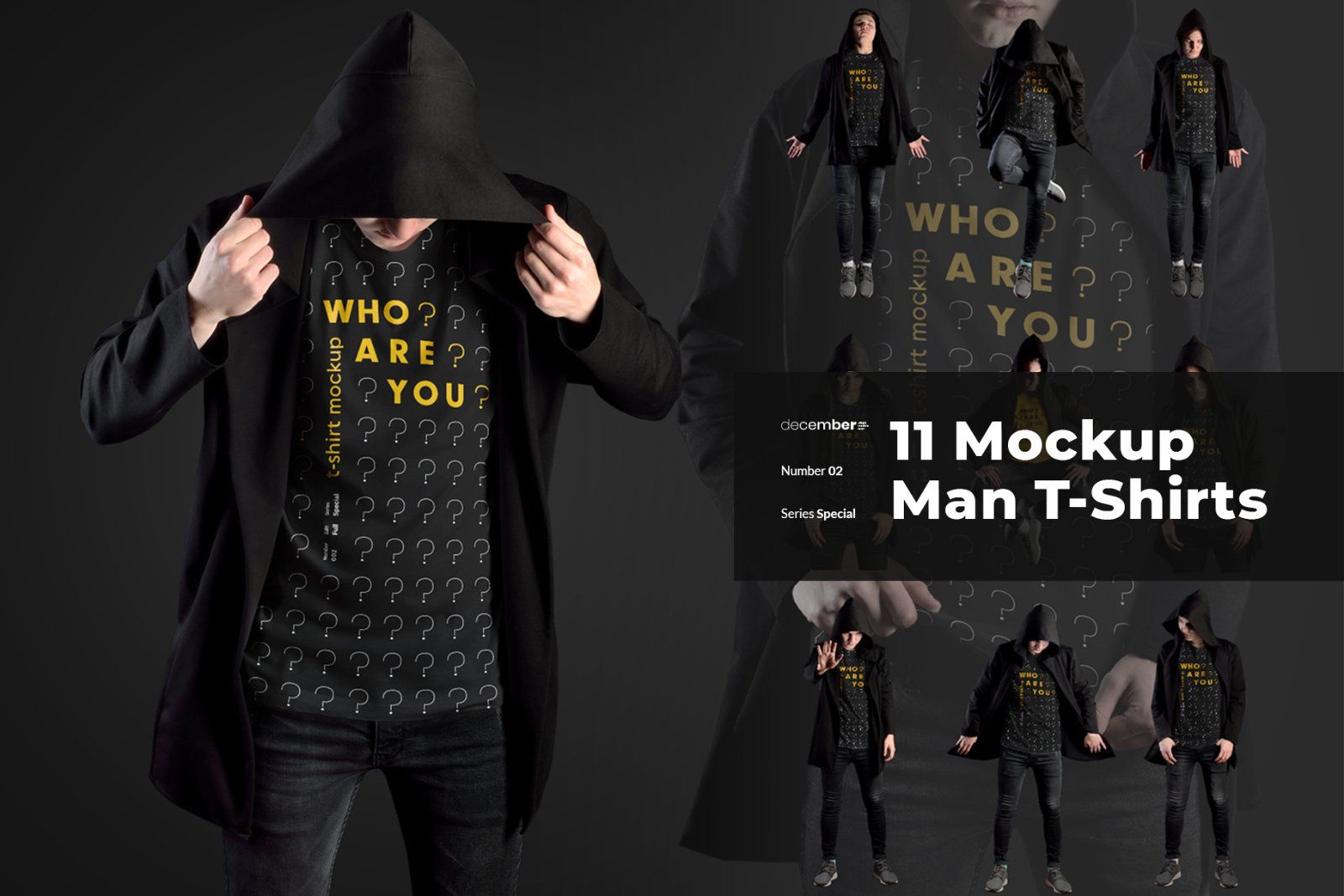 11 Mockups Man T-Shirts in a Black Hood Mantle