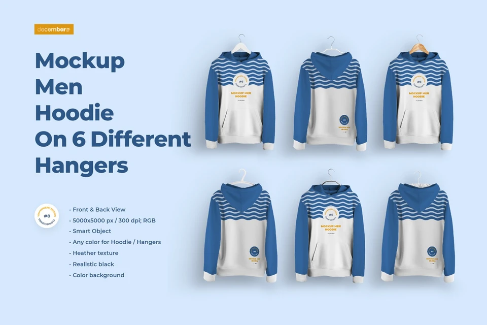 Front and Back Men Hoodie Mockup On 6 Different Hangers