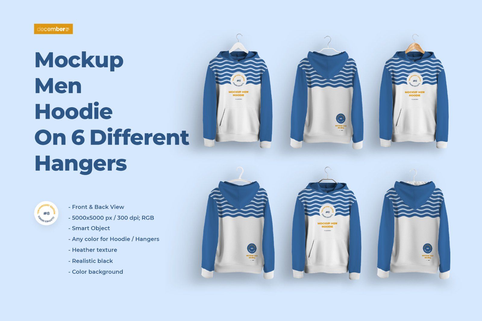 Front and Back Men Hoodie Mockup On 6 Different Hangers — image 1