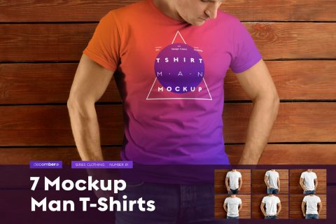 7 Mockup T-Shirt on the body of an athletic man on wooden background