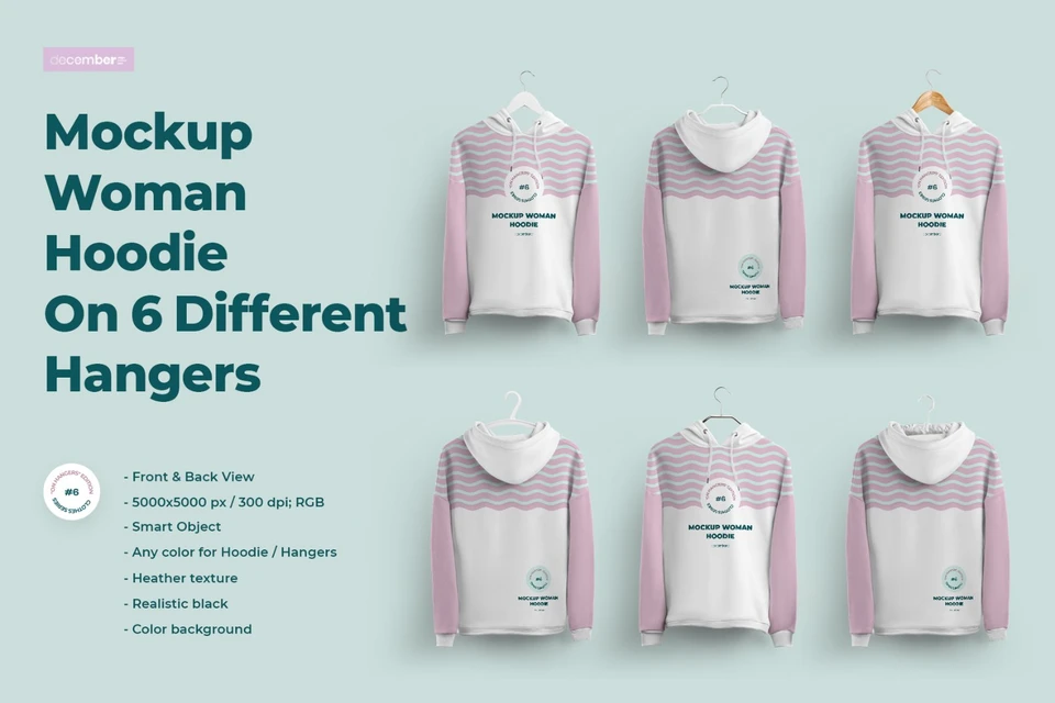 Front and Back Woman Hoodie Mockup On 6 Different Hangers