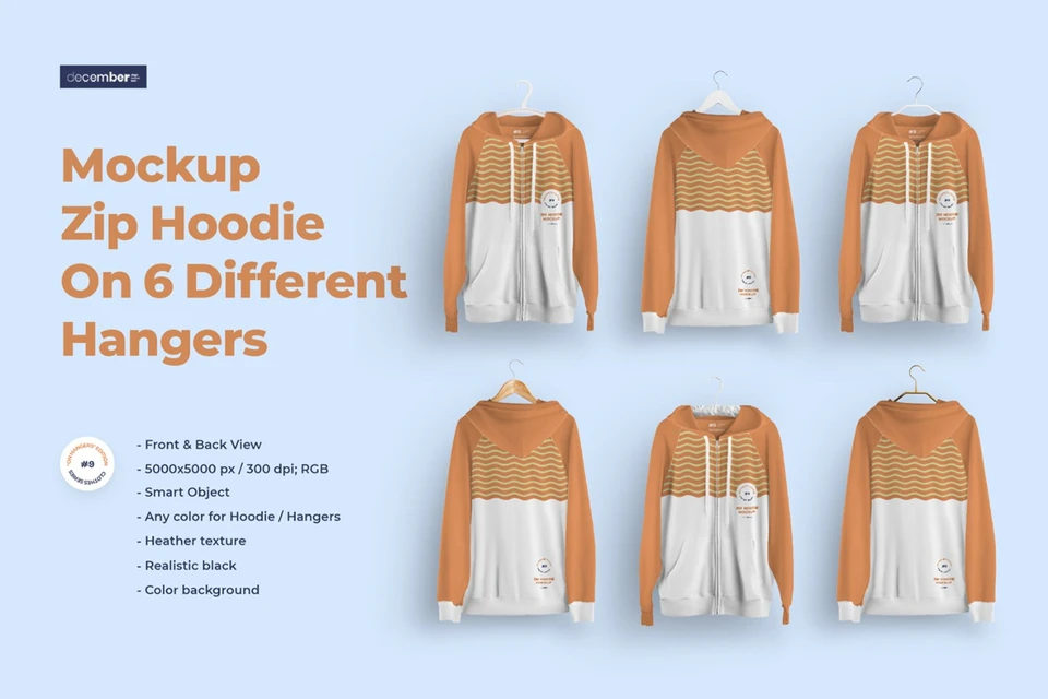 Front and Back Zip Hoodie Mockup On 6 Different Hangers