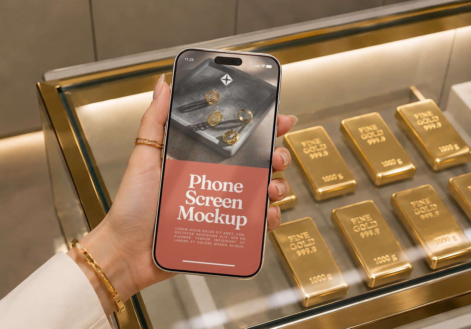 Premium Gold Shop Branding Mockup Bundle – 15 Luxury PSD Scenes for Precious Metal Retail, Jewelry B