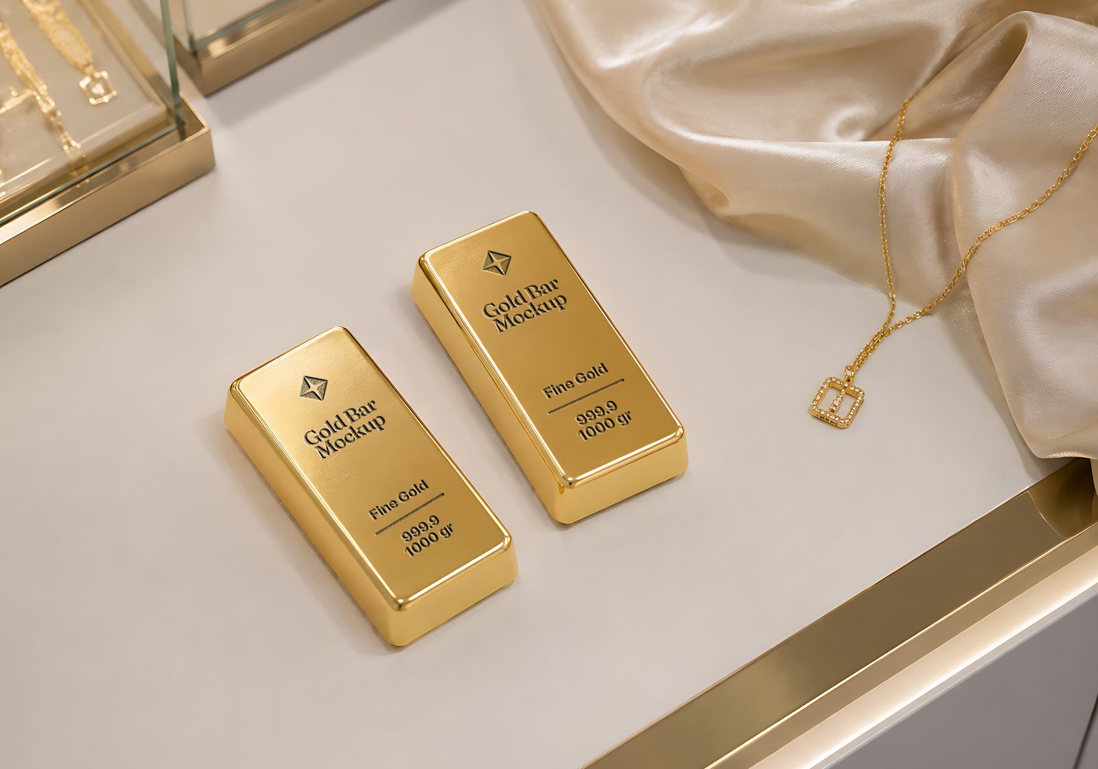 Premium Gold Shop Branding Mockup Bundle – 15 Luxury PSD Scenes for Precious Metal Retail, Jewelry B